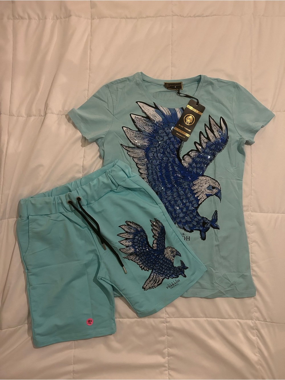 Mens Light Blue Eagle Rhinestone Graphic Tee & Shorts Set